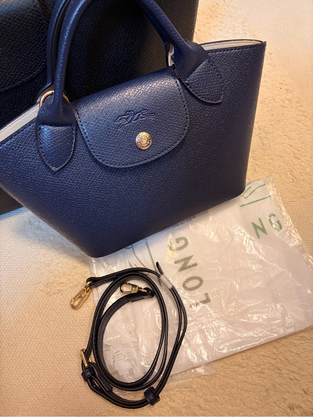 Navy Leather Top-Handle Tote Bag with Detachable Strap